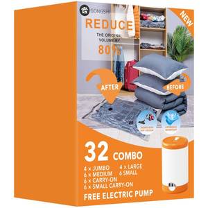 lot 2233 image: GONGSHI Vacuum Seal Bags for Clothing Travel & Home Storage, Travel Vacuum Bags with Electric Pump,Space Saver for Blankets, Comforters, Pillows, Clothes,32 Combo