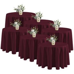 lot 2236 image: Fitable 6 Pack Burgundy Tablecloths for Round Tables - 108 Inches in Diameter - Stain Resistant and Washable Table Clothes, Polyester Fabric Table Covers for Wedding, Party, Banquet, Formal Events