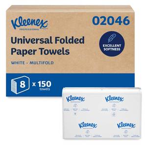 lot 3826 image: Kleenex Professional Universal Multifold Paper Towels, Bulk (02046), Absorbency Pockets, 9.2 x 9.4 Towel, White (150 SheetsPack, 8 PacksCase, 1,200 Sheet Total)