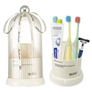 lot 3835 image: Multi Functional Rotating Toothbrush Holders with Sliding Base, 7 Slot Bathroom Countertop Organizer Perfect for Tooth Brush, Toothpaste, and Makeup Brushes Storage (White)