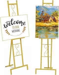 lot 3851 image: 2 Pack Gold Easel Stand for Sign, Adjustable Metal Easels with Chain Support, Welcome Sign Stand for Painting, Display, Poster Picture, Wedding Sign (17 x 17 x 58)