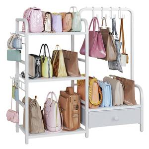 lot 3859 image: Purse Organizer for Closet, with Bottom Drawer, Extra Large Capacity 3 Tier Handbag Storage Rack for Women, 10 Purse Hanger and Hooks for Bag Organizer, Floor-Standing, Home, Living Room (White)