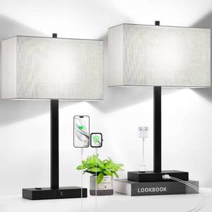 lot 3867 image: 21 Touch Bedside lamps with 2 USB & AC Outlets, 3-Way Dimmable Bedside Table Lamps Set of 2 for Bedroom Living Room Office Reading, Gray Shade Lamps for Night Stands, 5000K LED Bulbs Included