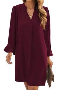 lot 4303 image: Wkior Long Sleeve Dress for Women V Neck Casual Cute Loose Flowy Swing Shift Dresses Wine Red L