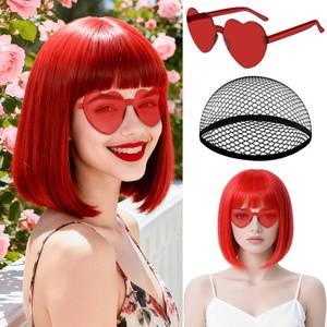 lot 4323 image: MEEZY Red Short Bob Wigs Straight Hair with Flat Bangs Heart Sunglasses for Women, Colorful Funny Cosplay Party Neon Wig Synthetic Natural As Real Carnival Halloween Costume Party Favors