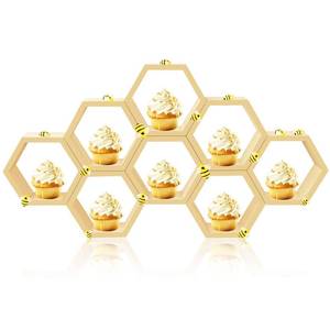 lot 4325 image: 8 Pcs 5.5 Inch Honeycomb Cupcake Stand Cake Farmhouse Hexagon Display Holder Hexagonal Wood Cupcake Stand Floating Table Sign with Wooden Bee for Baby Shower Birthday Party Table Decorations
