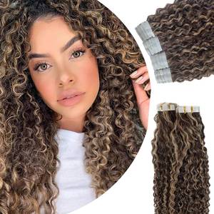 lot 4356 image: Water Wave Tape in Hair Extensions Real Human Hair 20pcs 50g Medium Brown to Honey Blonde Invisible Tape on Brazilian Human Hair Loose Wave Skin Weft Glue ins Hair Extension for Women 18 Inch