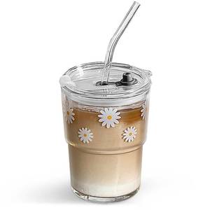 lot 4373 image: Olvini 13oz Glass Tumbler with Straw and Lid, Reusable Iced Coffee Cup Tumbler, Cute Glass Cups for Water, Matcha, Travel Coffee Mugs (Daisy)