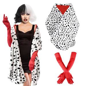 lot 4378 image: Apragaz 2 pcs Halloween Costume for Women, Dalmatian Shawl with 1920s Red Gloves, Black and White Faux Dalmatian Scarf for Halloween Cosplay Party