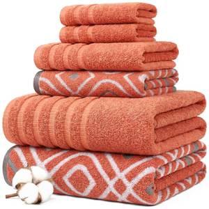 lot 5829 image: Modern Threads Classic Diamond 6-Piece 100% Cotton Towel Set �� Yarn Dyed Jacquard �� Includes 2 Bath Towels, 2 Hand Towels, 2 Washcloths �� Absorbent, Quick Dry, Soft & Durable �� Rust Orange