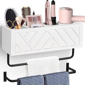 lot 5831 image: Hair Tool Organizer Wall Mount, Hair Dryer Holder with 2 Towel Bars, Wood Hot Tools Organizer, Rustic Bathroom Organizer Blow Dryer Holder for Bathroom Decor, Flat Iron, Curling Wand, Brushes(White)