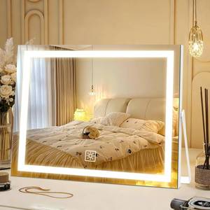 lot 5833 image: A14 Inch LED Vanity Makeup Mirror with Lights, Gifts for Mom Mothers Day, Large Metal Frame Lighted Tabletop Mirror with 3 Color Dimmable Touch Control, 360° Rotation