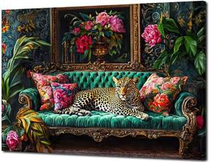 lot 5834 image: Cheetah Lying On Vintage Sofa Canvas Wall Art Eclectic Leopard Wall Decor Pictures Dopamine Animal Portrait Poster Prints for Living Room Home Bedroom Home Decoration 12x16in Ready to Hang