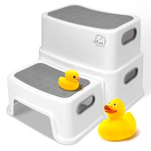 lot 5838 image: Forbena Toddler Step Stool for Bathroom Sink, 2 Step Stool for Kids Toilet Potty Training, Non-Slip Toddlers Baby Child Kid Plastic Poop Stools with Handle for Kitchen Counter Bed (White-Grey)