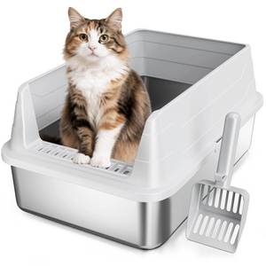lot 5846 image: Stainless Steel Cat Litter Box, Odor Free Metal Litter Box with High Sides Lid, Open Top Low Entry Litter Pan Include Scoop Easy Cleaning Anti-Scratch Kitty Cat Box Anti-Urine Leakage, Non-Sticky, M