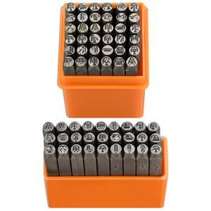 lot 6021 image: A64pcs Metal Stamping Kit, 3mm Number and Letter Stamp Set, Include Artistic Font Uppercase, Lowercase Letter, Number Punch and Heart Design Stamp product loos in bag