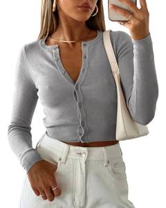 lot 6037 image: Purple Pocket Cardigan Sweaters for Women Crew Neck Cropped Sweater Tops Dressy Casual Long Sleeve Shirts Grey XS