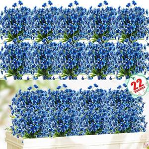lot 6045 image: 22 Pack Artificial Flowers Outdoor Fake Plants, Faux Flowers UV Resistant with Plastic Plants, Faux Silk Flowers for Outdoors Outside Front Porch Hanging Planter Window Box Garden Decoration(Blue)