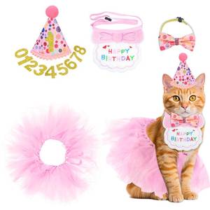 lot 6052 image: 5Pcs Cat Birthday Decorations, Adjustable Cat Birthday Hat Bandana Tutu Skirt Collar Bow & 9 Number Stickers 0-8, Kitten Costume Outfit Decorations for Anniversary of Birth, Small Dog Friendly (Pink)