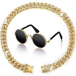 lot 6055 image: Xuniea 2 Pieces Cat Dog Chain Collar and Sunglasses Set Rhinestone Necklace with Secure Buckle Round Glasses for Doll Cat Dog Pet Accessories(8 Inch,Gold, Black)