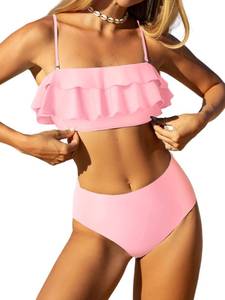 lot 6083 image: ZAFUL Layered Ruffle Bikini for Women High Waisted Bikini Sets Spaghetti Bandeau Swimsuits Padded Bathing Suit Light Pink S