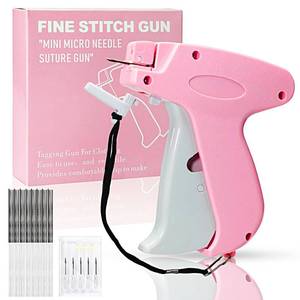lot 6090 image: Stitch Gun for Clothes�� Handheld Stitch Gun Quick Clothing Fixer��Sewing Kit Includes 1,000 Black Fasteners & 1,000 White Fasteners & 6 Needles (Pink)