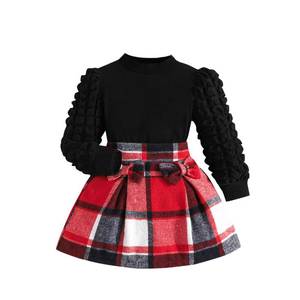 lot 6095 image: Noubeau Toddler Girls Plaid Outfits Girls Puff Sleeve Knit Ribbed Shirt Tops Plaid Skirt Set Kids Fall Winter Clothes(Red,2-3 Years)