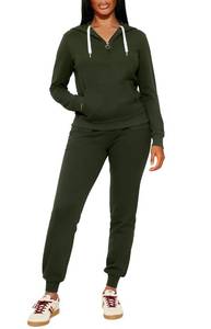 lot 6099 image: CLOCOR Sweat Suits for Women - Casual 2 Piece Outfits Tracksuit Quarter Zip Hoodie Jogger Sweatpants Matching Set Army Green L