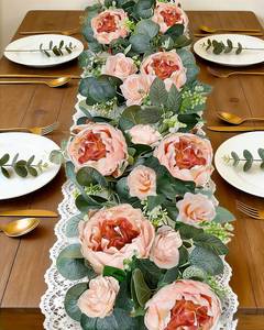 lot 6111 image: 2 Pack 12Ft Artificial Eucalyptus Floral Garland with 16 Flowers Vintage Peony Rose, Pink Fake Flower Greenery Spring Garland Floral Vines for Mantle Wedding Arch Home Table Runner Backdrop Decor
