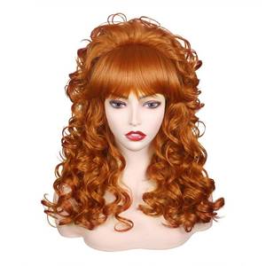 lot 6112 image: FantaLook 80s Long Curly Vintage Cosplay Wig with Bang for Women 60 70s Queen Costume for Halloween Party (Red Brown)