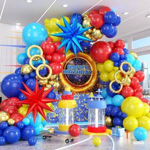 lot 6461 image: Red Blue Yellow Balloon Arch Kit, Cartoon Game Theme Balloon Garland with Explosion Star Foil Balloons for Kids Action Birthday Carnival & Baby Shower Decorations