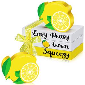 lot 6472 image: Chunful 4 Pieces Summer Lemon Table Decor Lemon Tiered Tray Decorations Mini Wooden Books Stack for Home Kitchen Party Shelf Farmhouse Accessories