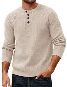 lot 6495 image: PJ PAUL JONES Mens Knitted Sweaters Waffle Texture Henley Sweater Long Sleeves Casual Pullover Sweaters Beige size M