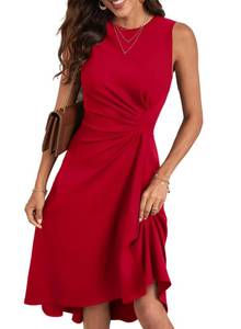 lot 10189 image: Happy Sailed Red Dresses for Women 2025 Summer Sleeveless Ruched Waist High Waist Irregular Hem Slim Fit A-Line High Low Midi Cocktail Party Dress Fiery Red Large
