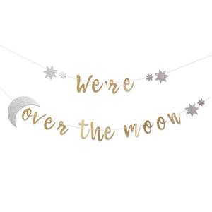 lot 10194 image: MUWEOL We��Re Over The Moon Banner - Over The Moon Baby Shower Decoration,Gender Reveal Wall Hanging Banner,Golden Glitter Party Wall Decoration