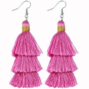 lot 10236 image: AD Beads Fashion Charm Crystal Silk Tassel 3 Layers Fan Fringe Dangle Earrings (26 Deep Pink)