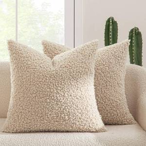lot 10239 image: MIULEE Pack of 2 Faux Fur Throw Pillow Covers 18x18 Inch Neutral Oatmeal Boucle Decorative Sherpa Pillow Covers Fuzzy Accent Soft Sheepskin Fleece for Boho Home Decor Sofa Living Room Couch Bed
