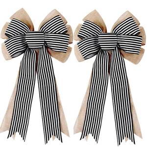 lot 10250 image: 2 Pack Black White Stripe Burlap Fall Bows for Wreaths Decorations,Rustic Farmhouse Crafts Bow Wrapping Tree Topper Wedding Holiday Birthday Party Wall Home Front Door