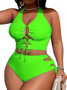 lot 10254 image: SOLY HUX Womens Plus Size Bikini Set Sexy Swimsuit Lace Up Tummy Control 2 Piece Bathing Suit Plain Green XX-Large Plus