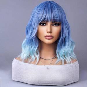 lot 10258 image: WTHCOS Ombre Blue Wigs for Women Short Curly Wavy Blue Wig for Girls Short Bob Wig With Bangs Heat Resistant Synthetic Wigs for Cosplay Costume Party (Blue Ombre Wig)