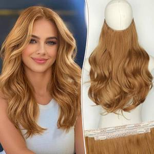 lot 10264 image: KooKaStyle Invisible Wire Hair Extensions Long Wavy Layered Synthetic Hair Extensions with Transparent Wire Adjustable Size 6 Secure Clips Strawberry Blonde Hairpieces for Women 16 Inch