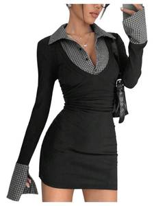 lot 12009 image: MakeMeChic Womens Spring Outfits Gingham Bodycon Mini Dress Long Sleeve Collared 2 in 1 Business Casual Dress Black B Medium