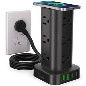 lot 12422 image: Power Strip with Wireless Charger, Flat Plug Surge Protector with 6FT Extension Cord, 12 AC Multiple Outlets, 4 USB (2 USB C), 15W Wireless Charging Power Tower for Home Office Dorm, Black