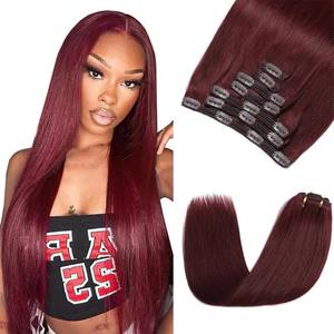 lot 12439 image: #99J Burgundy Clip in Hair Extensions Human Hair, Burgundy Straight Remy Human Hair Extensions Clip ins for Women, 30 Inch 120g 7Pcs, Wine Red Hair Extension