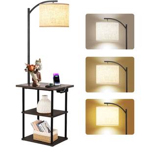 lot 13139 image: PESRAE Floor Lamp with Table, End Tables with Charging Station(USB & Type-C & AC Port), 3 Color Temperatures 9W LED Bulb, Modern Shelves Side Table for Bedroom, Living Room
