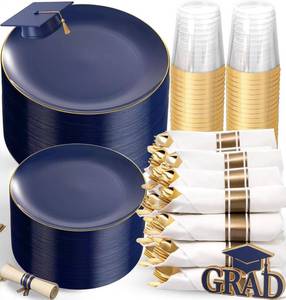 lot 13140 image: KIRE 350Pcs Blue and Gold Plates -Heavy Duty Navy Blue Dinnerware Set - 100 Plastic Plates 50 Pre Rolled Napkins with Gold Plastic Silverware 50 Cups for BirthdayWeddingPartiesGraduation