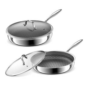 lot 13152 image: Hybrid Non Stick Frying Pans 2 Piece set, Stainless Steel Frying Pans with Tempered Glass Lid, 8 10 5 Ply Induction Cookware, Dishwasher-Friendly, Oven-Safe Up to 800°F, Compatible with All Cooktops