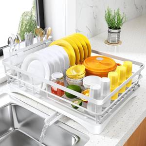 lot 13153 image: SNTD Dish Drying Rack for Kitchen Counter - Large Dish Rack with Drainboard, Rustproof Dish Drainer with Utensil Holder for Sink, White