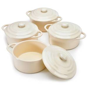 lot 13156 image: Kook Ceramic Mini Cocotte Set, Small Casserole Dishes with Lids and Handles, Individual Baking Ramekins, Oven, Microwave & Dishwasher Safe, Stoneware, 12 oz, Set of 4, Ivory