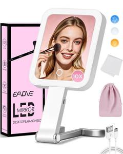 lot 14345 image: EAONE Magnifying Mirror with LED Light, Double Sided Travel Makeup Mirror 10X1X with Storage Bag, 3 Color Lighting & Dimmable Touch Screen for Trip, Desk, Bathroom (10.3 x 5.2IN)- Silver